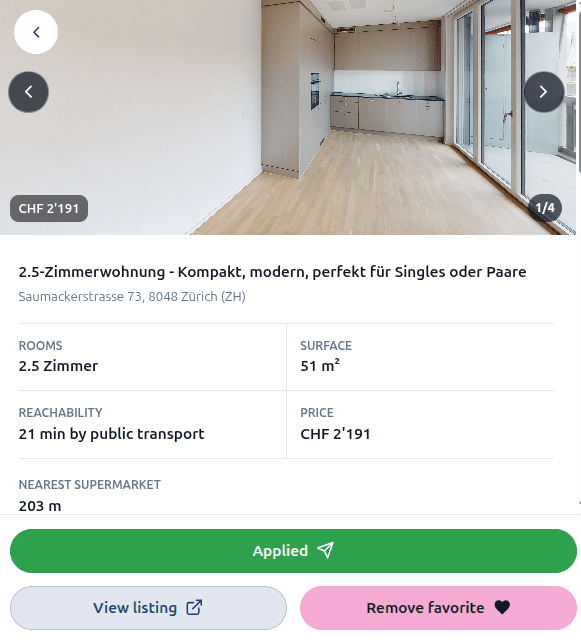 Geöffnetes Wohnungsinserat in Robin mit Details und Benutzeraktionen